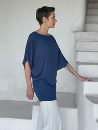caraucci navy kimono tunic worn as a tunic with cream pants #color_navy