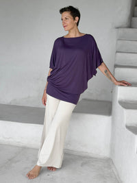 caraucci plum kimono tunic worn as a tunic with cream pants #color_plum