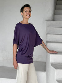 caraucci plum kimono tunic worn as a tunic with cream pants #color_plum