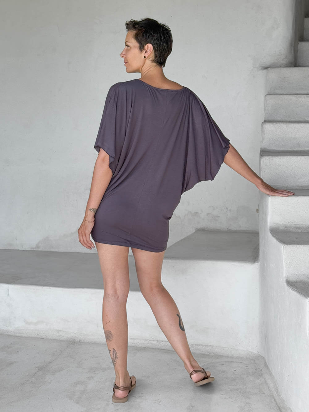 caraucci steel kimono tunic worn as a dress #color_steel