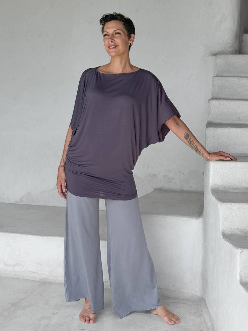 caraucci steel gray kimono tunic worn as a tunic with stone pants #color_steel