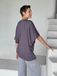 caraucci steel gray kimono tunic worn as a tunic with stone pants #color_steel