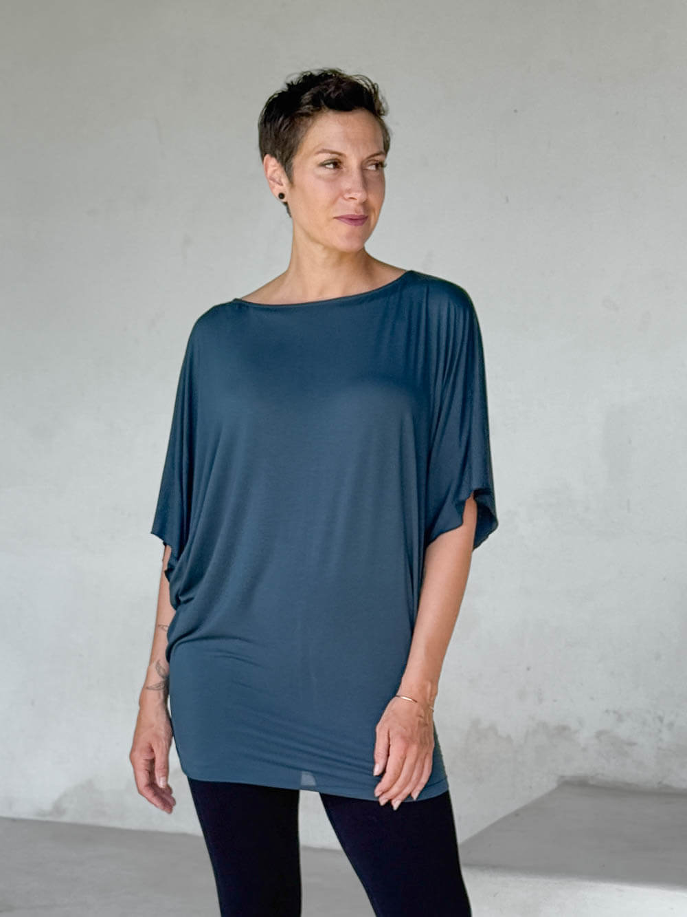 caraucci teal blue kimono tunic worn as a tunic with stone pants #color_teal