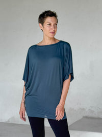 caraucci teal blue kimono tunic worn as a tunic with stone pants #color_teal