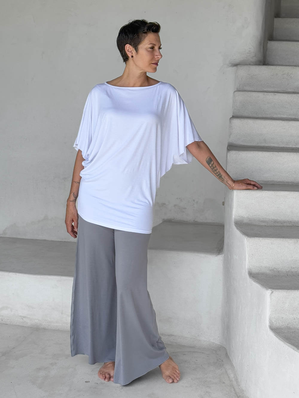 caraucci white kimono tunic worn as a tunic with stone pants #color_white