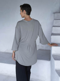 caraucci women's lightweight rayon jersey v-neck loose fit 3/4 sleeve light grey kurta tunic #color_stone