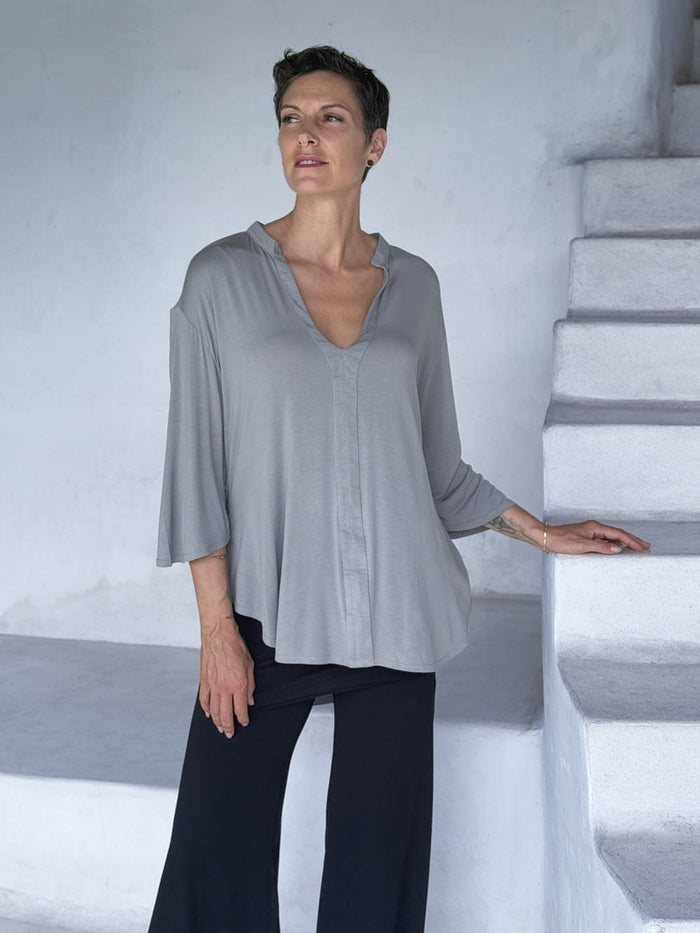 caraucci women's lightweight rayon jersey v-neck loose fit 3/4 sleeve light grey kurta tunic #color_stone