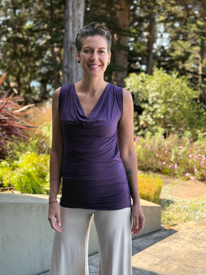 women's purple drape front tunic with adjustable side ruching and lace up back #color_plum