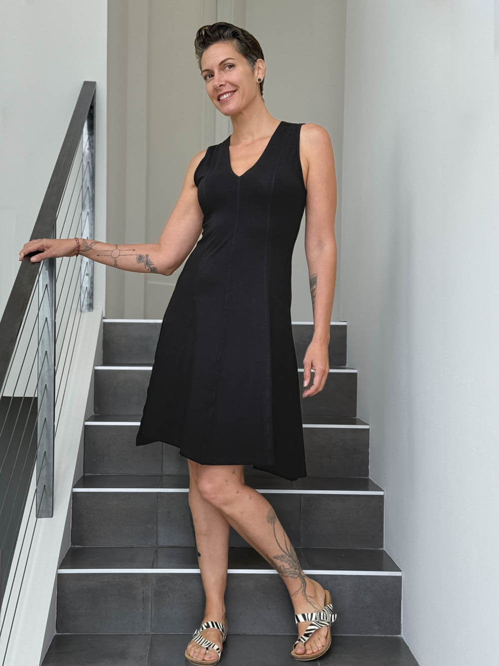 caraucci women's stretch jersey black v-neck midi dress with raised detailed stitching #color_black