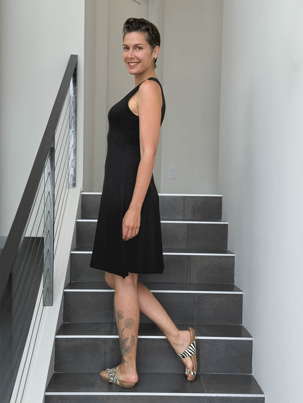 caraucci women's stretch jersey black v-neck midi dress with raised detailed stitching #color_black