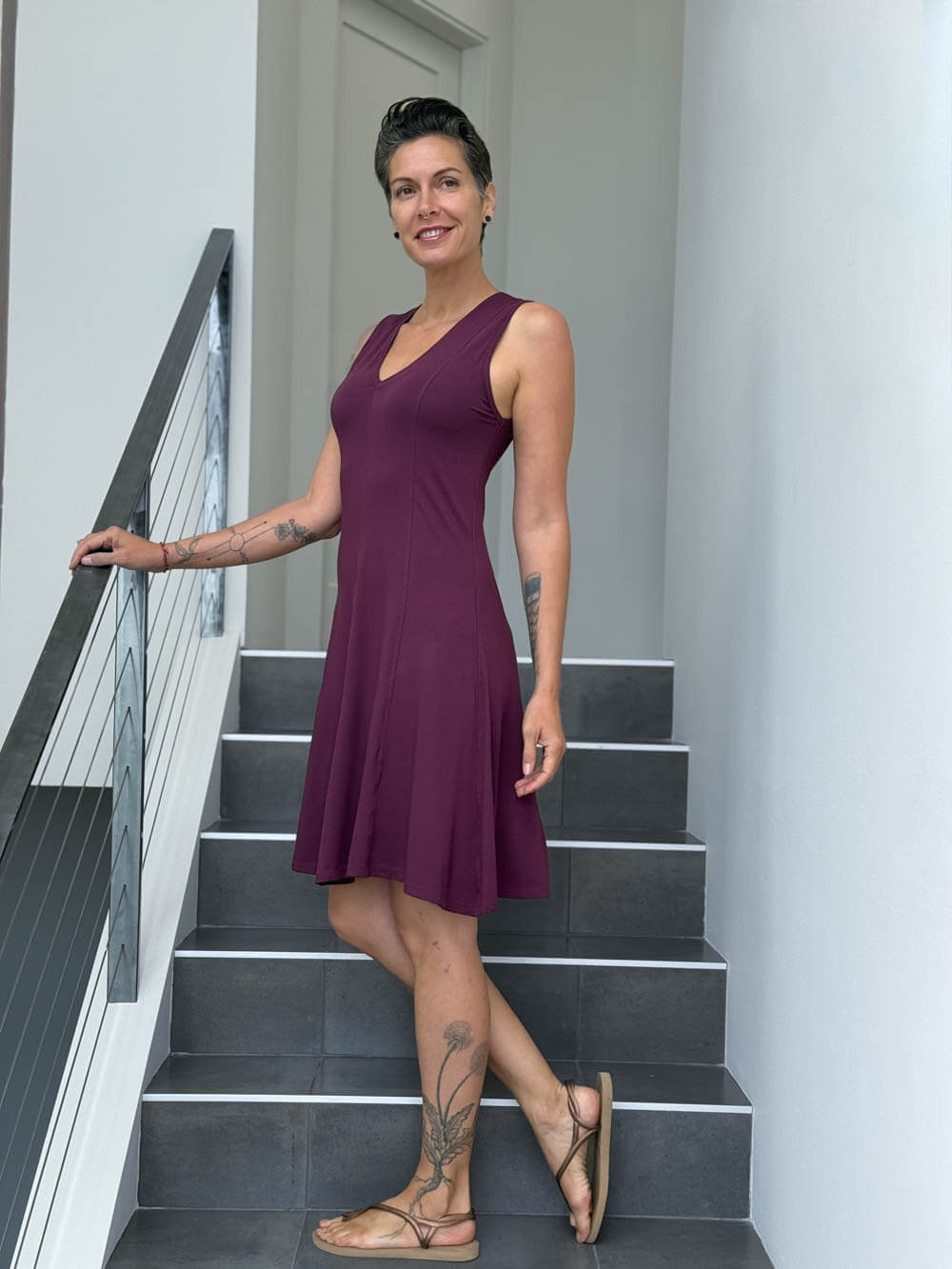 caraucci women's stretch jersey purple v-neck midi dress with raised detailed stitching #color_jam