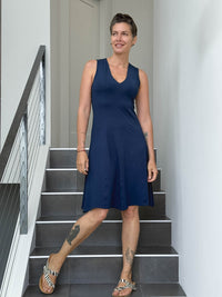 caraucci women's stretch jersey navy blue v-neck midi dress with raised detailed stitching #color_navy