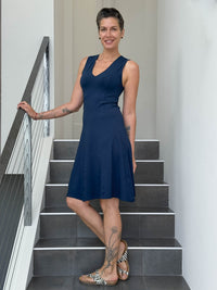 caraucci women's stretch jersey navy blue v-neck midi dress with raised detailed stitching #color_navy