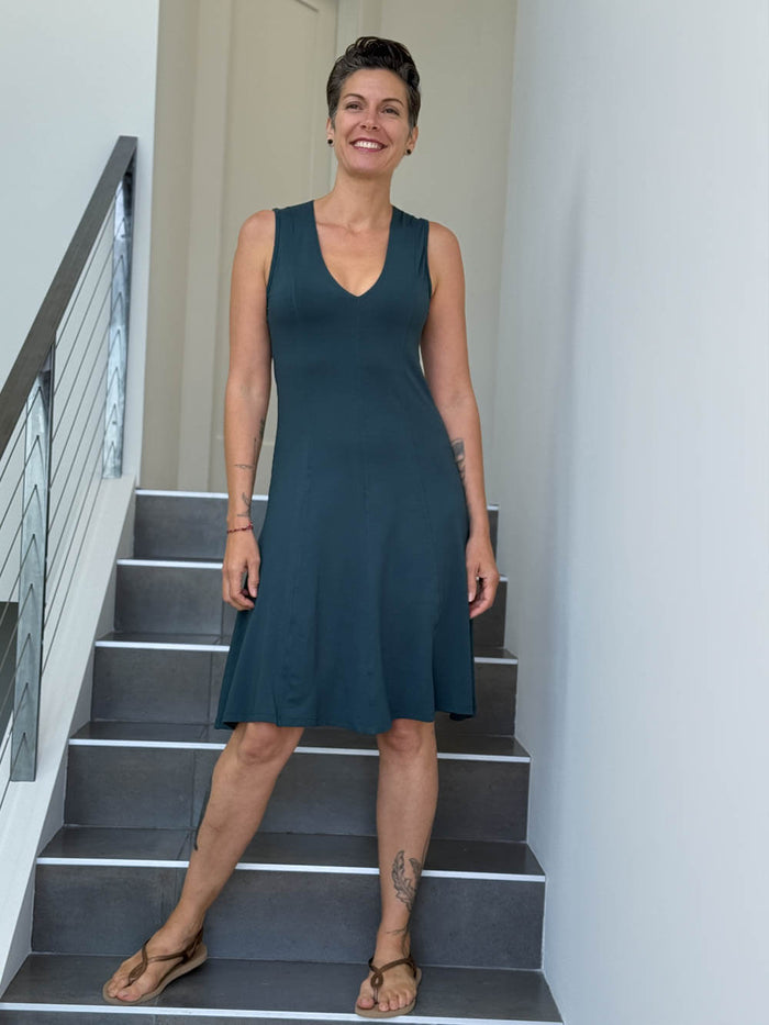 caraucci women's stretch jersey teal blue v-neck midi dress with raised detailed stitching #color_teal