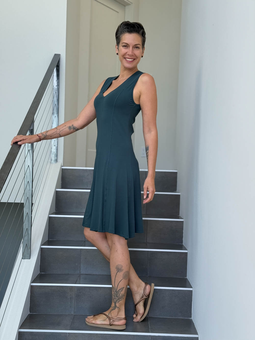 caraucci women's stretch jersey teal blue v-neck midi dress with raised detailed stitching #color_teal