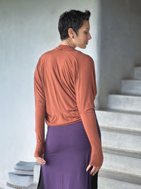 women's plant based rayon jersey loose fit burnt orange dolman sleeve shrug with thumbholes #color_copper