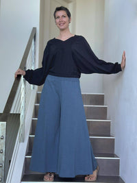 caraucci long sleeve black cotton v neck dolman long sleeve top #color_black