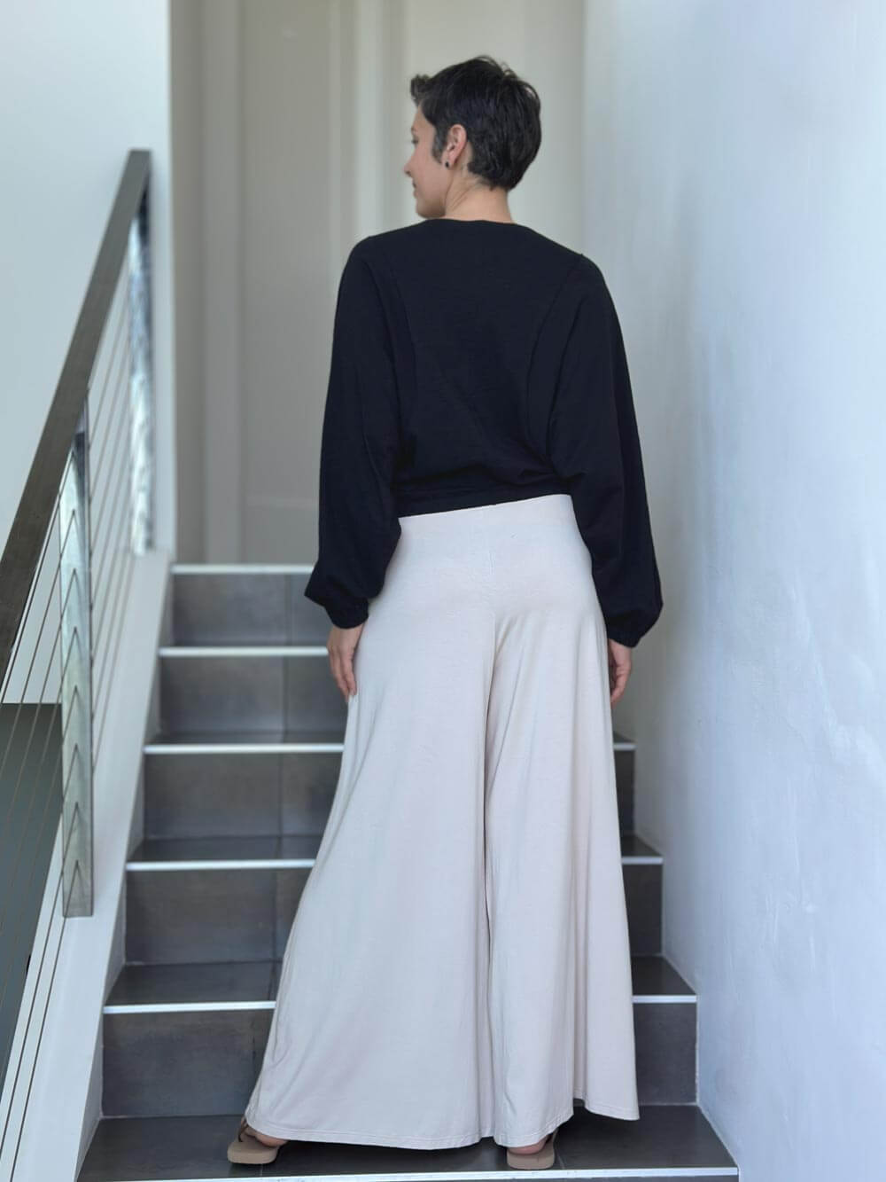 caraucci long sleeve black cotton v neck dolman long sleeve top #color_black