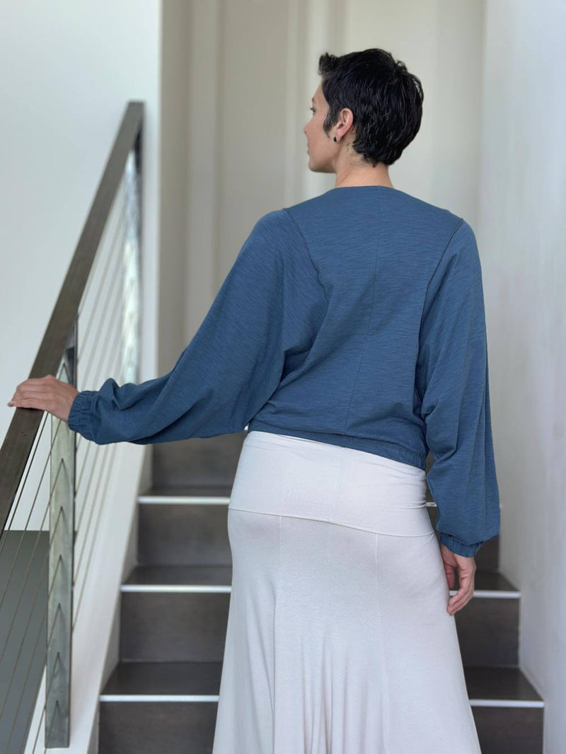 caraucci long sleeve blue cotton v neck dolman long sleeve top #color_pacific