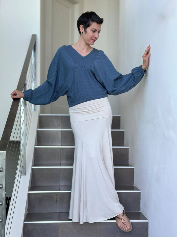caraucci long sleeve blue cotton v neck dolman long sleeve top #color_pacific