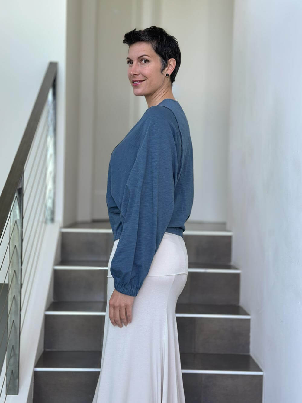 caraucci long sleeve blue cotton v neck dolman long sleeve top #color_pacific