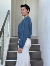 caraucci long sleeve blue cotton v neck dolman long sleeve top #color_pacific