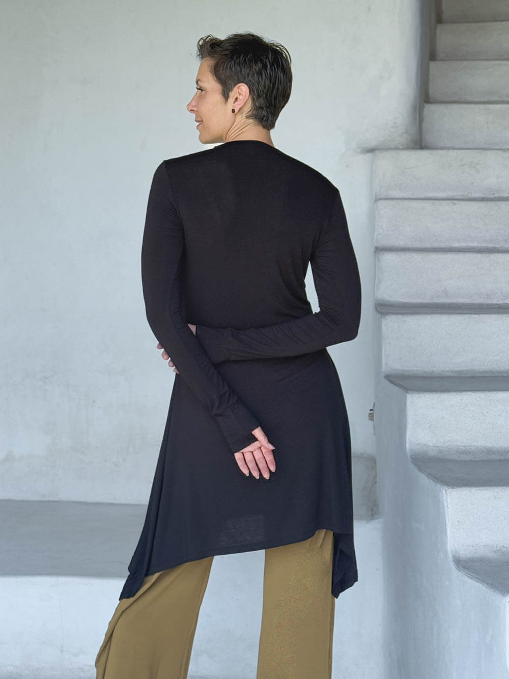 caraucci high neck black high neck long sleeve swing tunic with thumbholes #color_black