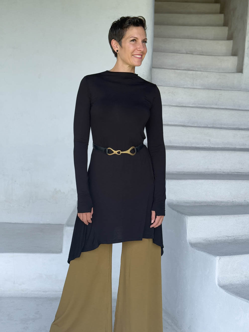 caraucci high neck black high neck long sleeve swing tunic with thumbholes #color_black