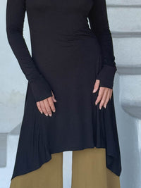 caraucci high neck black high neck long sleeve swing tunic with thumbholes #color_black