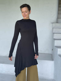 caraucci high neck black high neck long sleeve swing tunic with thumbholes #color_black