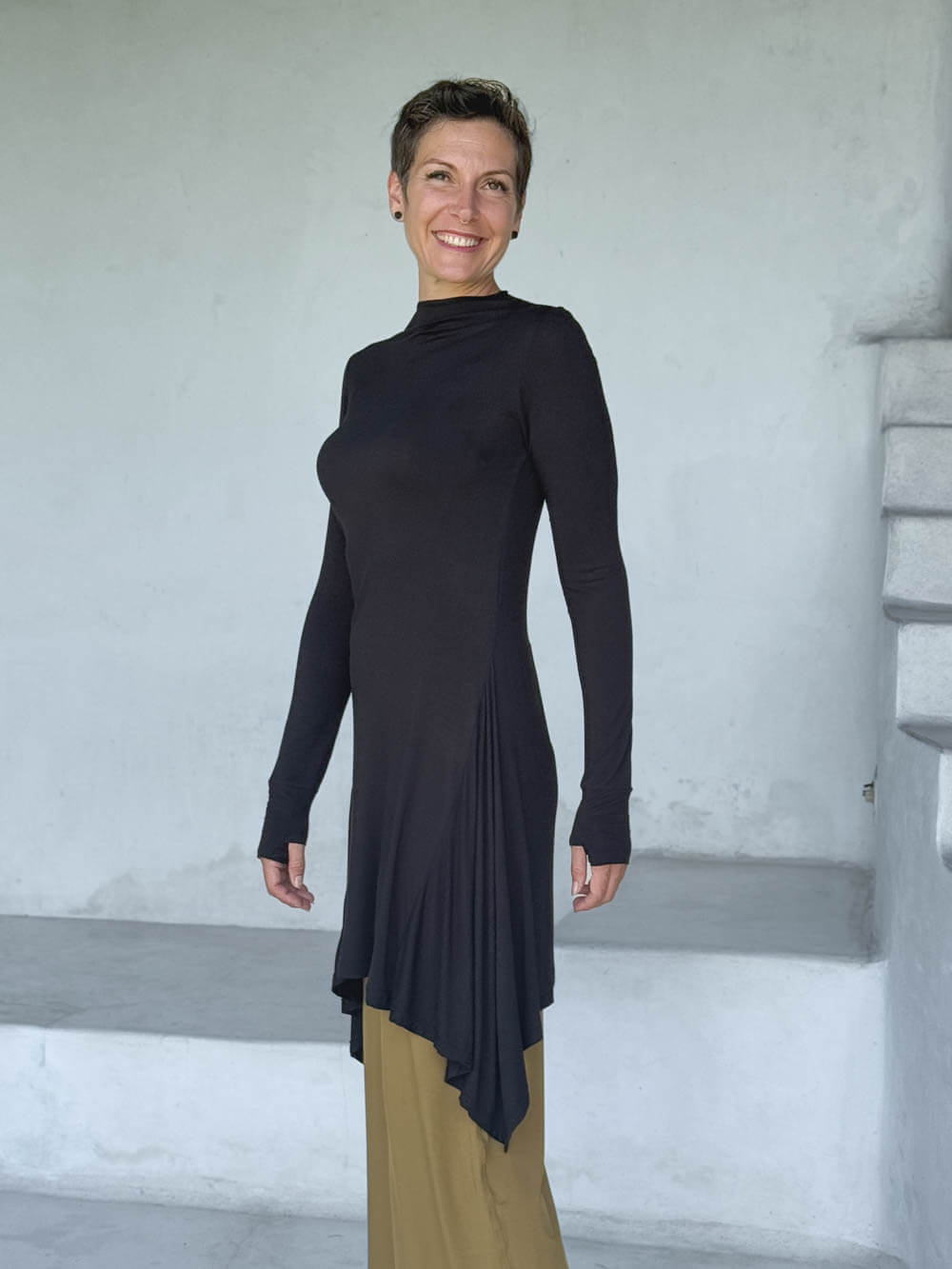 caraucci high neck black high neck long sleeve swing tunic with thumbholes #color_black