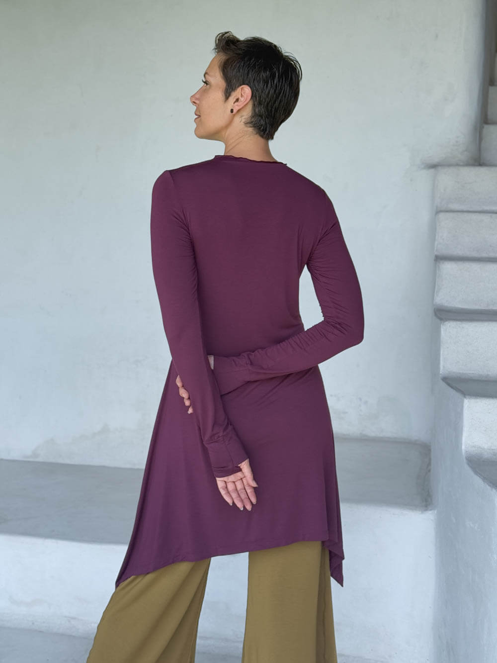 caraucci high neck jam purple high neck long sleeve swing tunic with thumbholes #color_jam