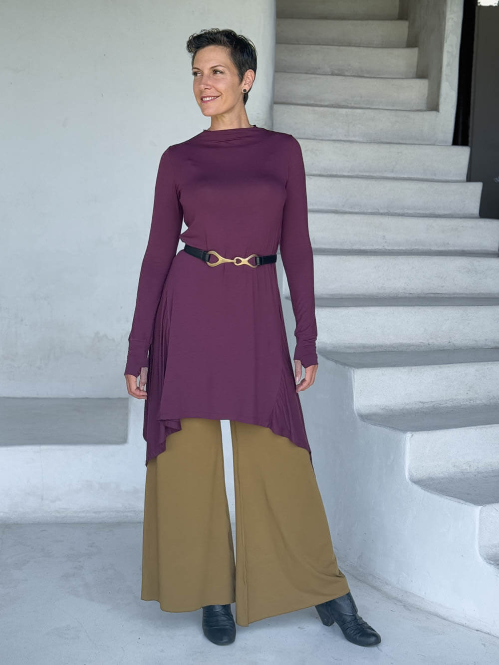 caraucci high neck jam purple high neck long sleeve swing tunic with thumbholes #color_jam