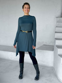 caraucci high neck teal high neck long sleeve swing tunic with thumbholes #color_teal