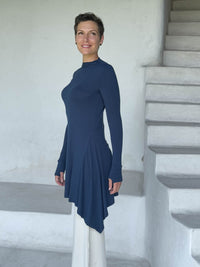 caraucci high neck navy blue high neck long sleeve swing tunic with thumbholes #color_navy