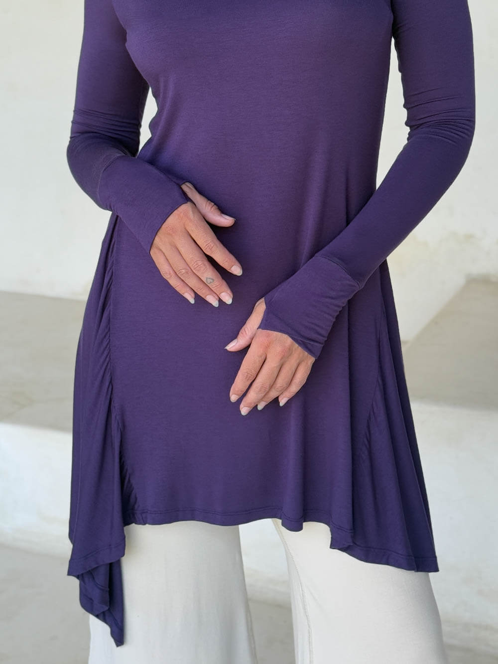 caraucci high neck purple high neck long sleeve swing tunic with thumbholes #color_plum