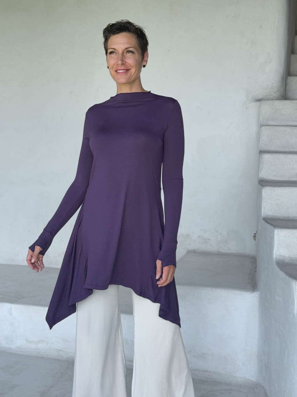 caraucci high neck purple high neck long sleeve swing tunic with thumbholes #color_plum