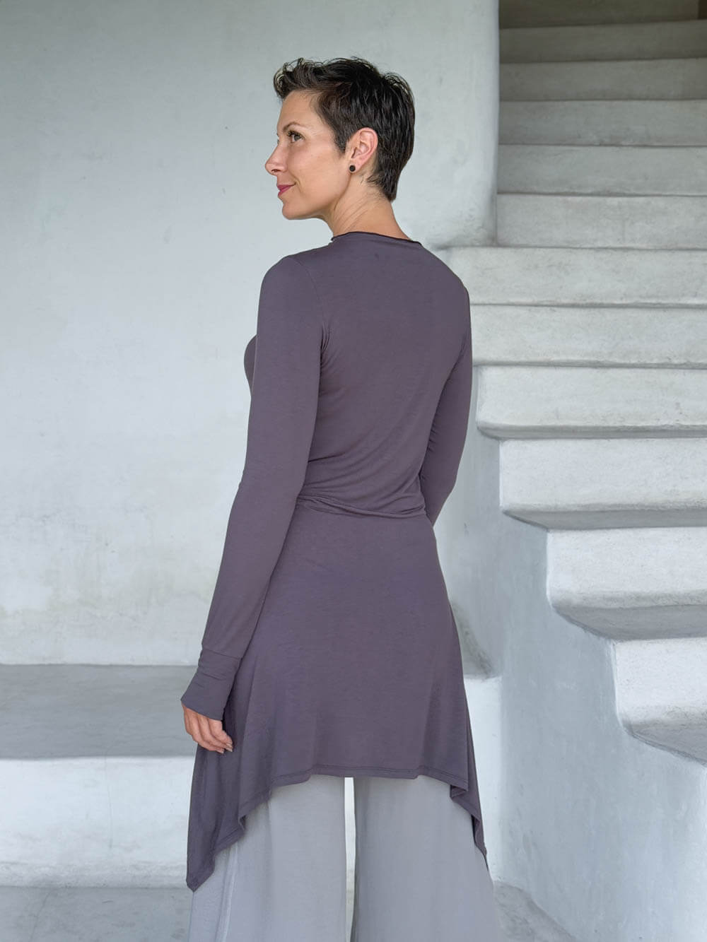 caraucci high neck steel gray high neck long sleeve swing tunic with thumbholes #color_steel
