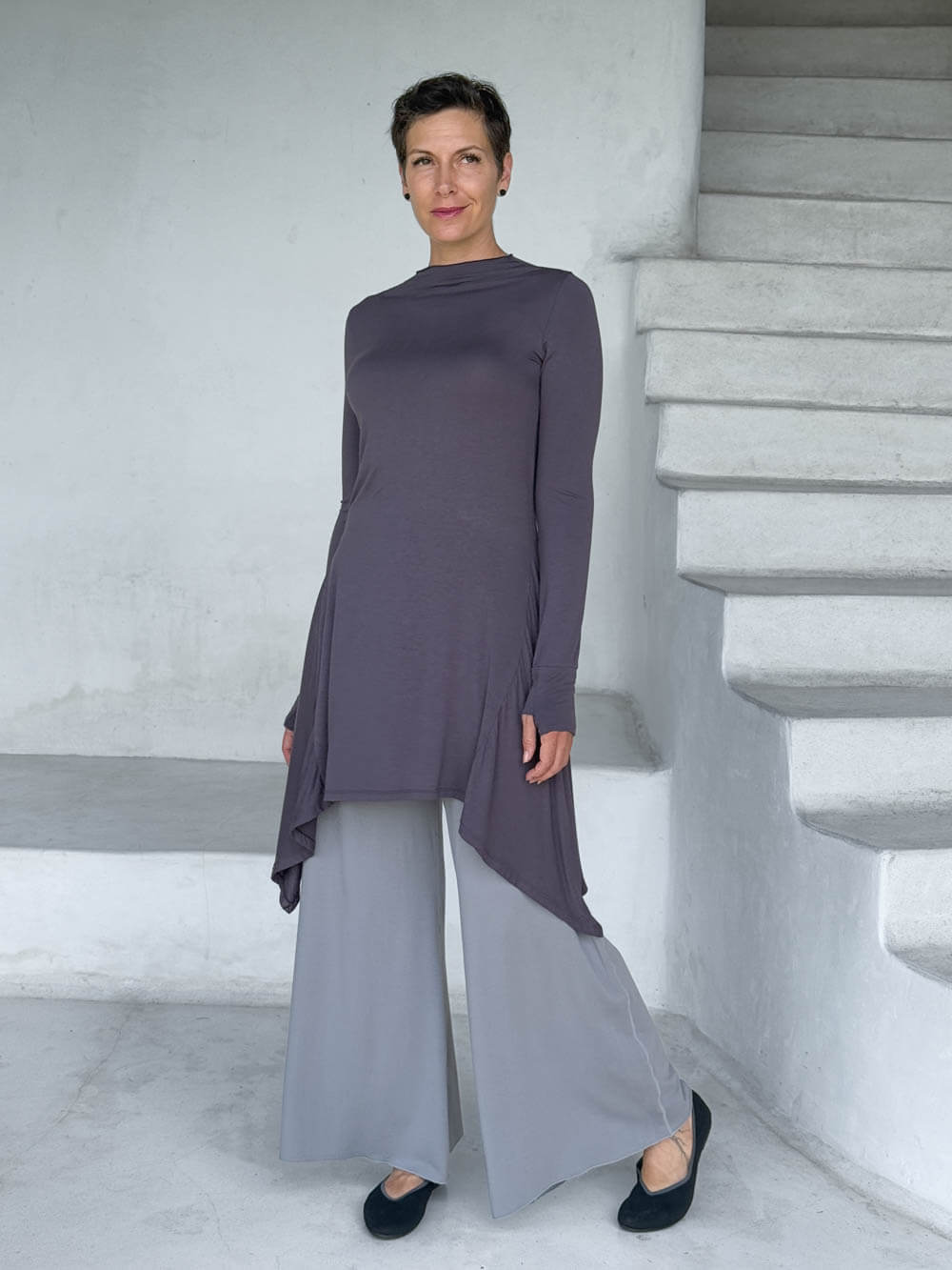 caraucci high neck steel gray high neck long sleeve swing tunic with thumbholes #color_steel