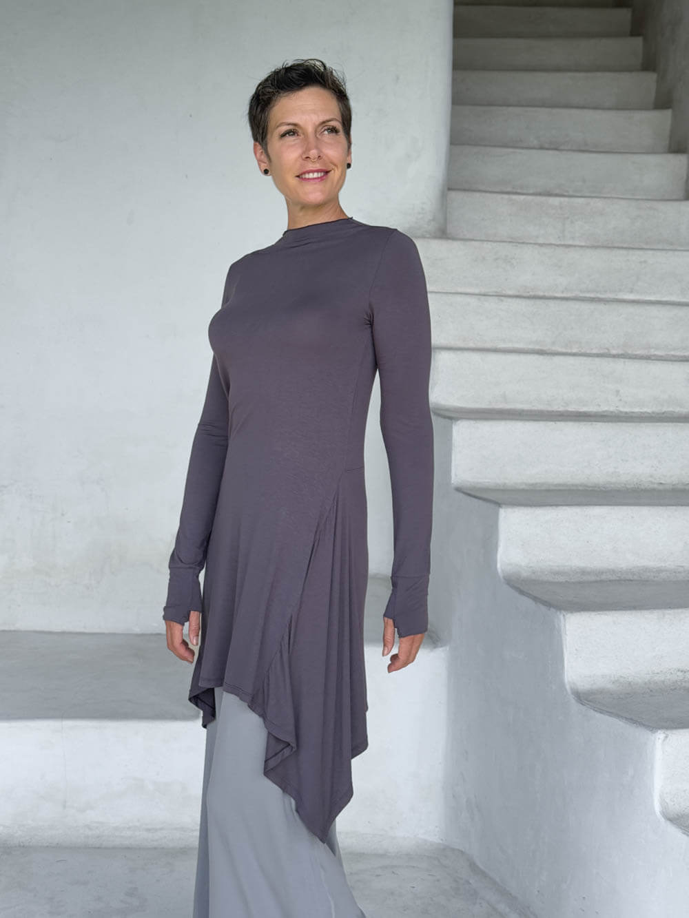 caraucci high neck steel gray high neck long sleeve swing tunic with thumbholes #color_steel