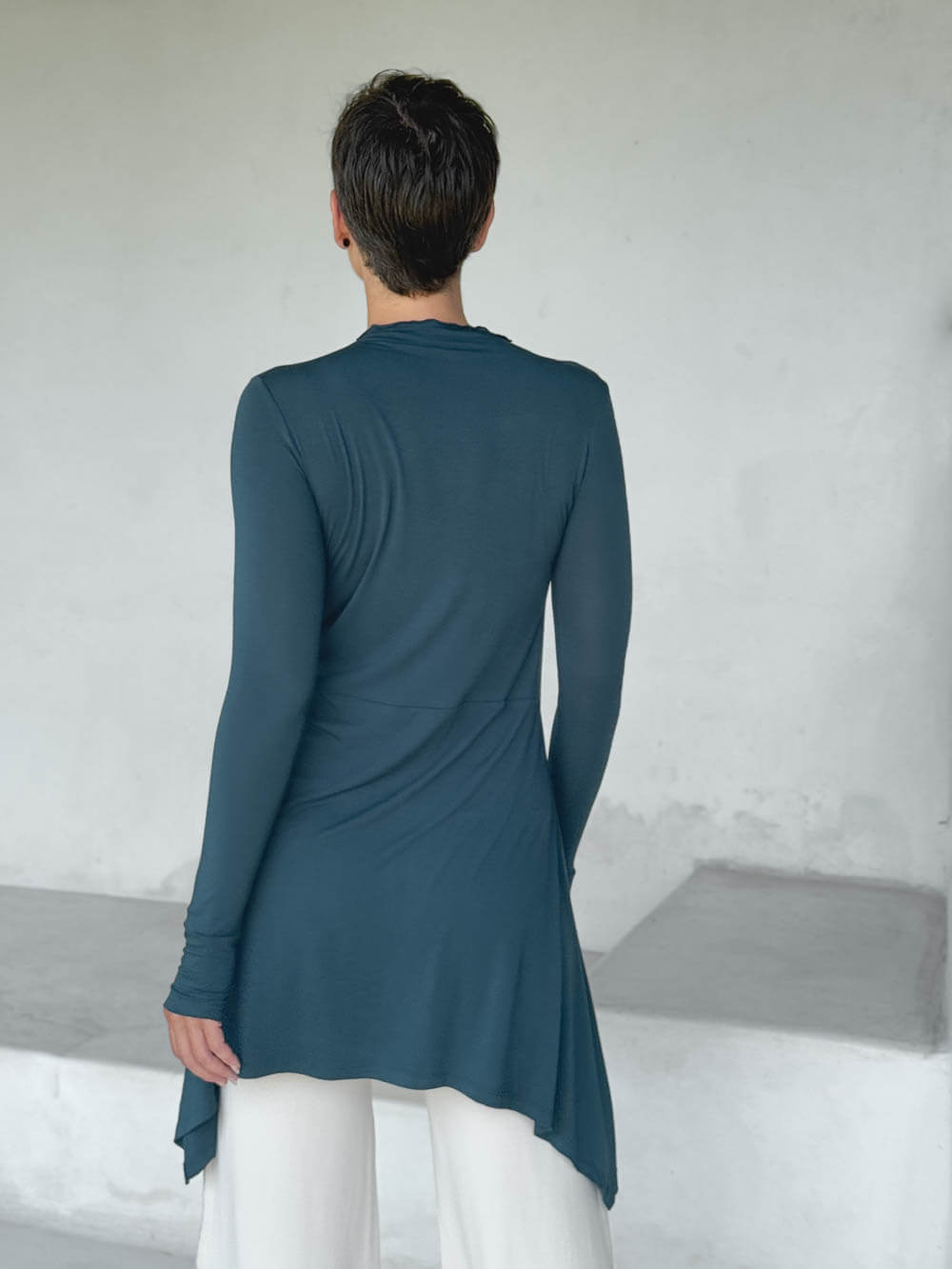 caraucci high neck teal high neck long sleeve swing tunic with thumbholes #color_teal