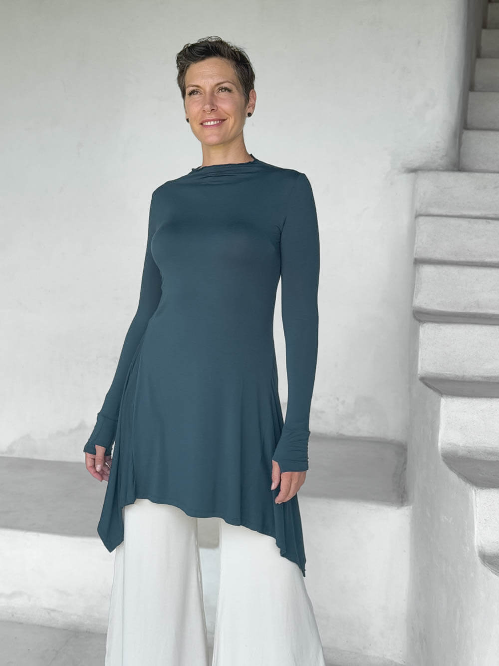 caraucci high neck teal high neck long sleeve swing tunic with thumbholes #color_teal