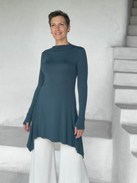 caraucci high neck teal high neck long sleeve swing tunic with thumbholes #color_teal