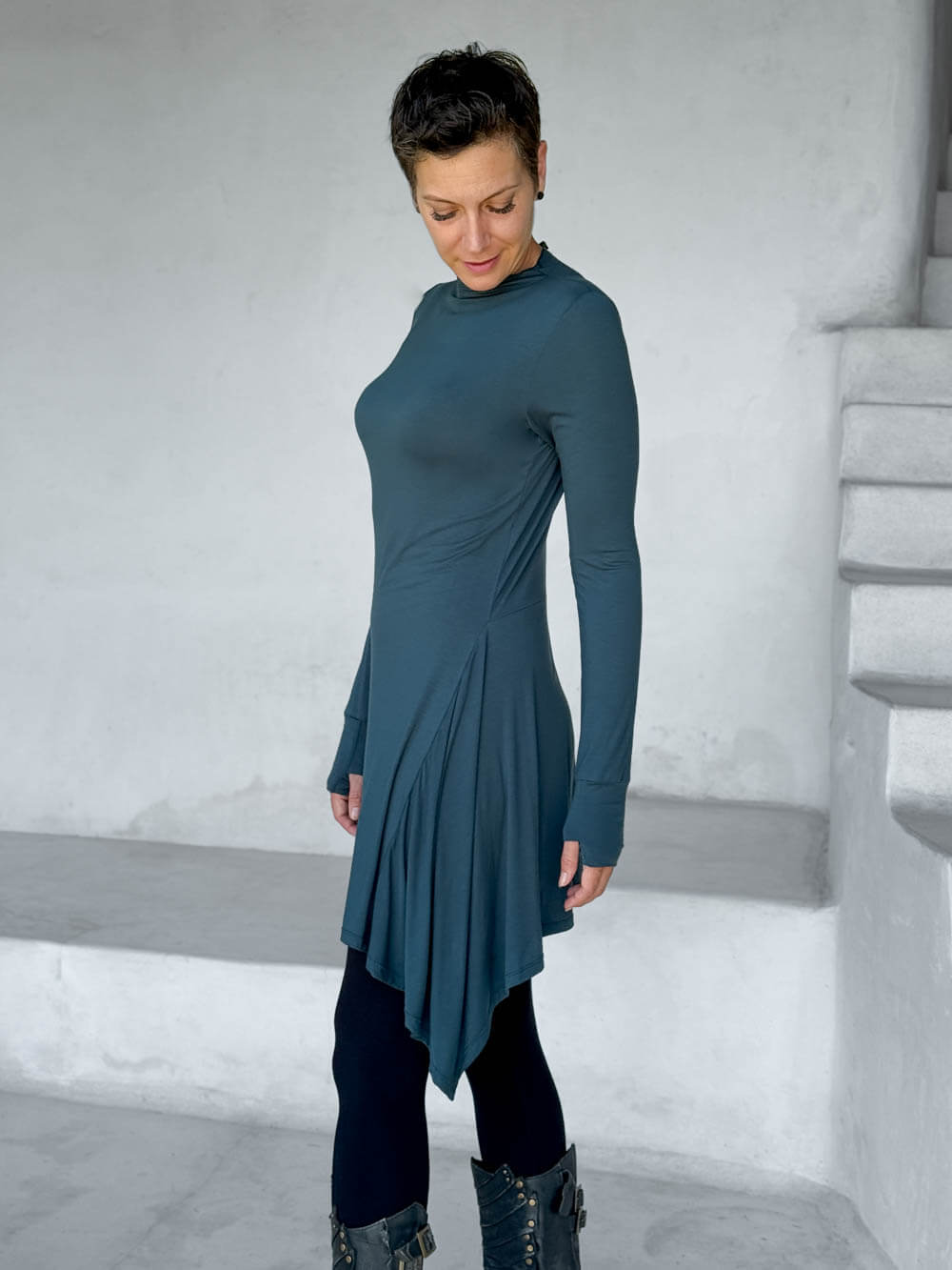 caraucci high neck teal high neck long sleeve swing tunic with thumbholes #color_teal