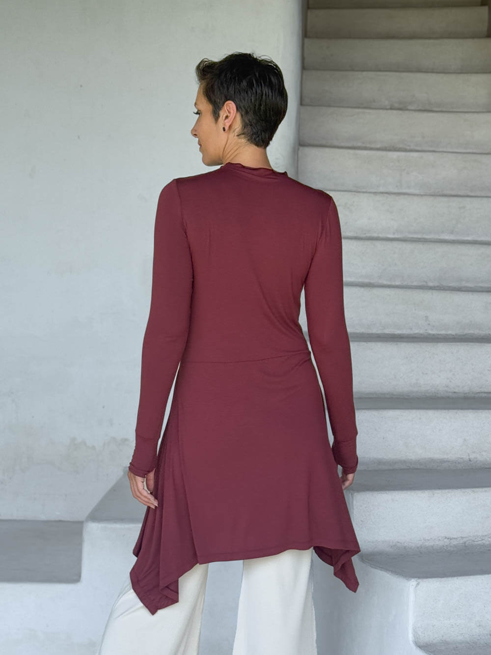 caraucci high neck maroon high neck long sleeve swing tunic with thumbholes #color_wine
