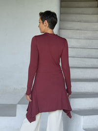 caraucci high neck maroon high neck long sleeve swing tunic with thumbholes #color_wine