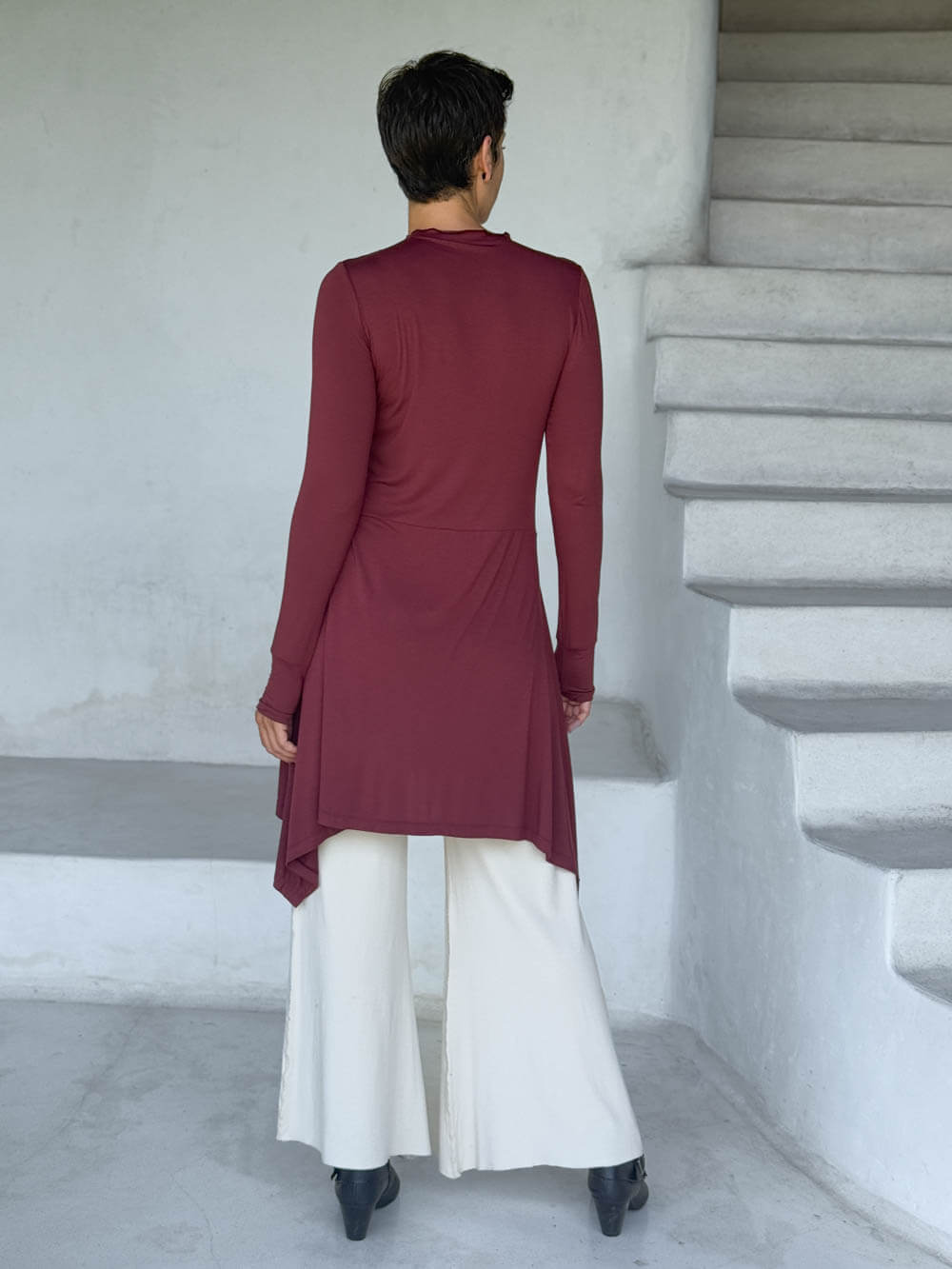 caraucci high neck maroon high neck long sleeve swing tunic with thumbholes #color_wine