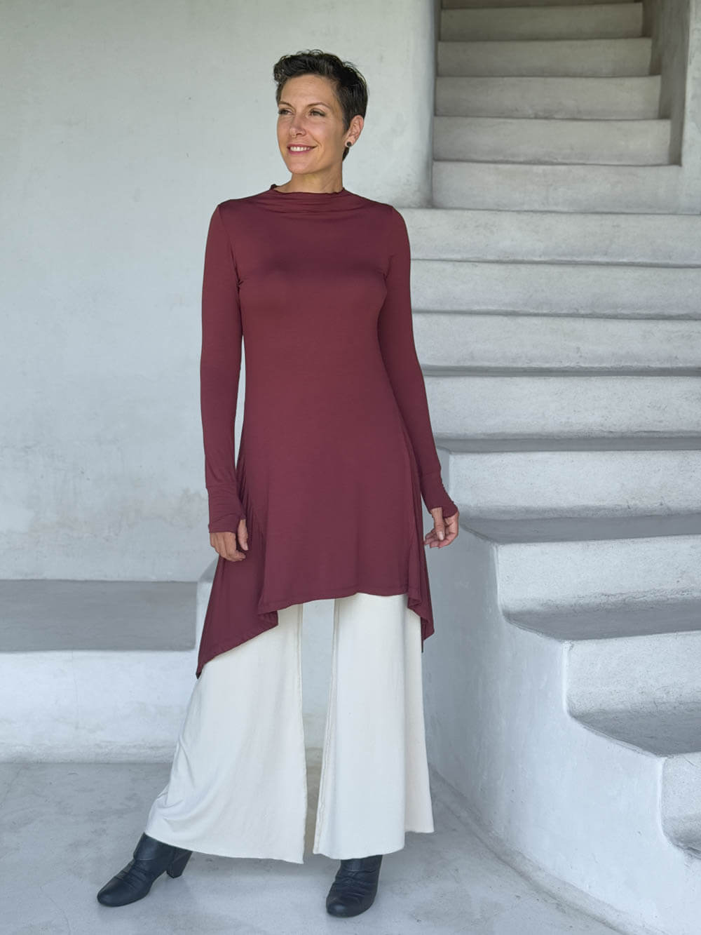 caraucci high neck maroon high neck long sleeve swing tunic with thumbholes #color_wine
