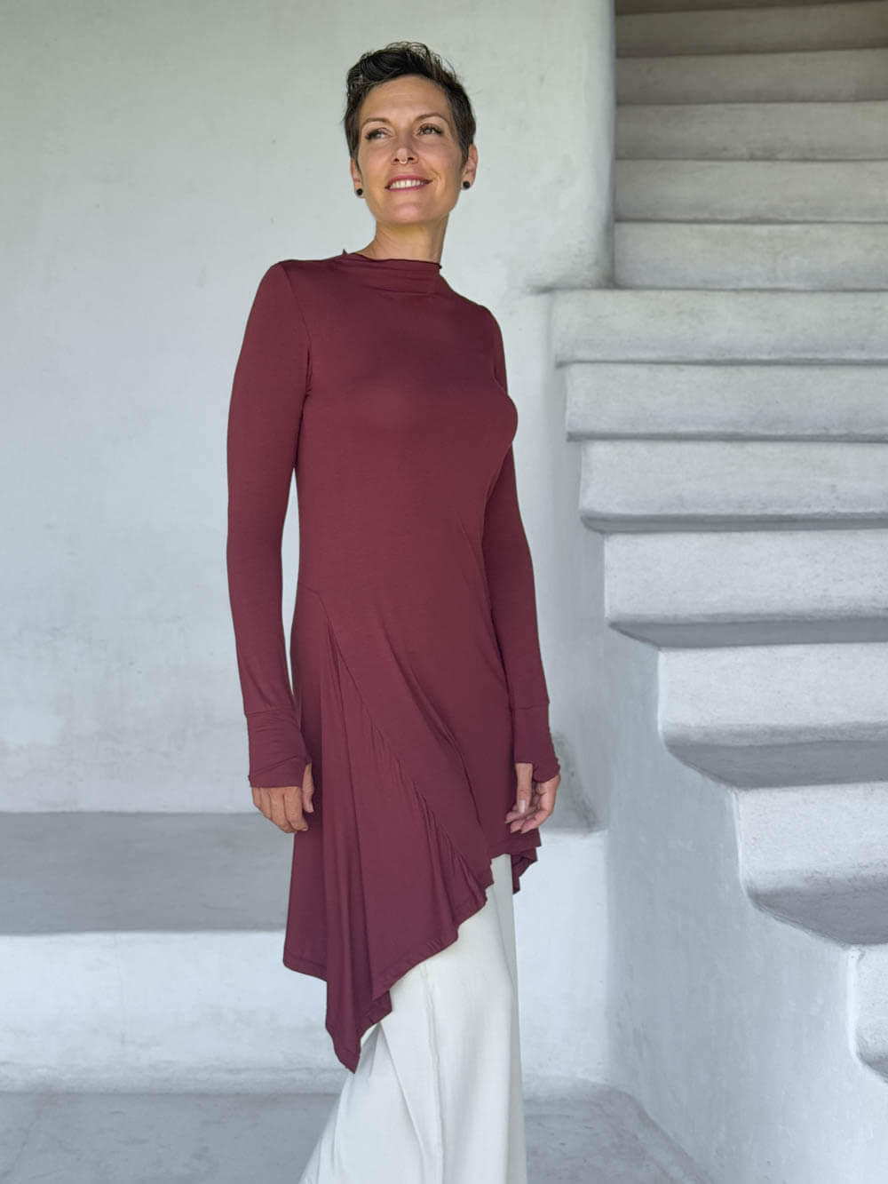caraucci high neck maroon high neck long sleeve swing tunic with thumbholes #color_wine