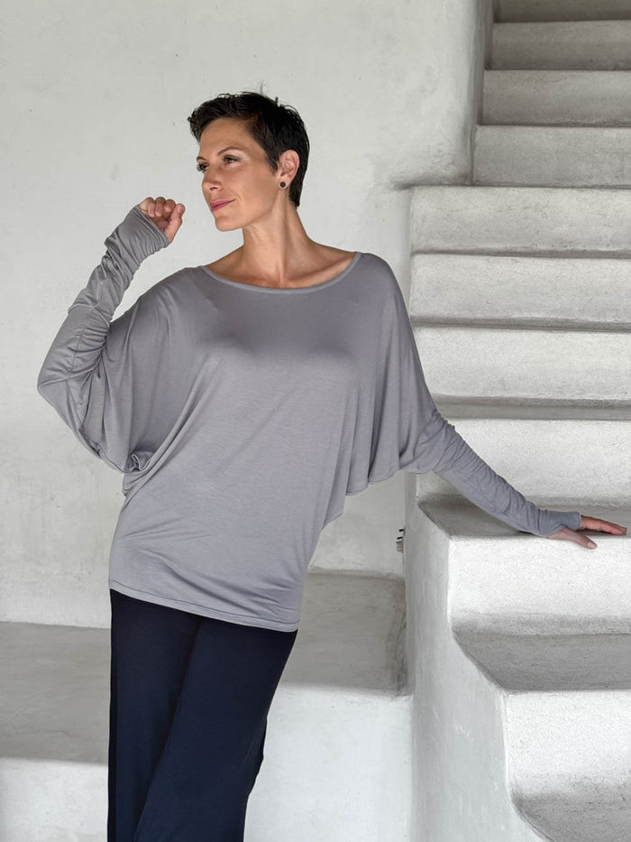 caraucci women's light grey dolman long sleeve tunic with thumbholes #color_stone